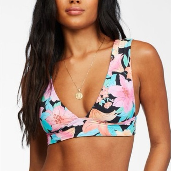 Billabong Tropic Time Reversible Plunge Bikini Top Floral V Neck Swimwear - Picture 1 of 8